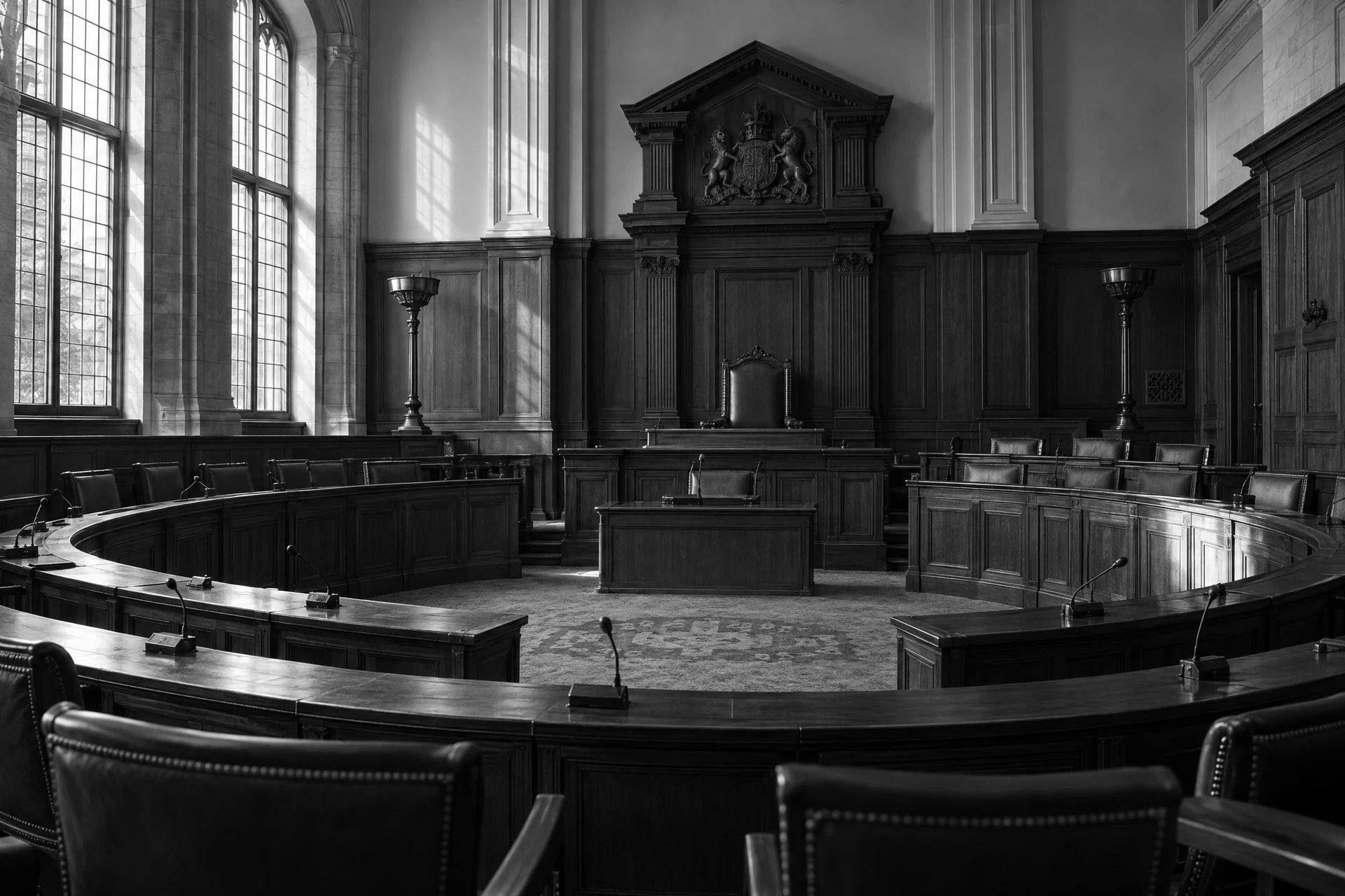 An empty council committee chamber with curved oak benches